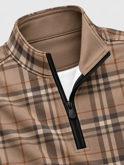 Golf-Pullover in Camel mit Tartan-Karomuster und kurzem Reißverschluss