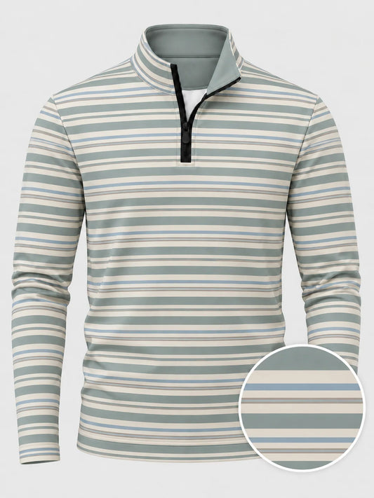 Golfpullover in Salbeigrün mit mehrfarbigem Streifenmuster und Viertelreißverschluss