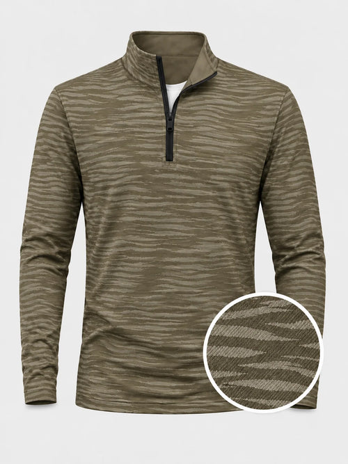 Olivgrüner Performance-Quarter-Zip-Pullover mit dezenten Schattenstreifen