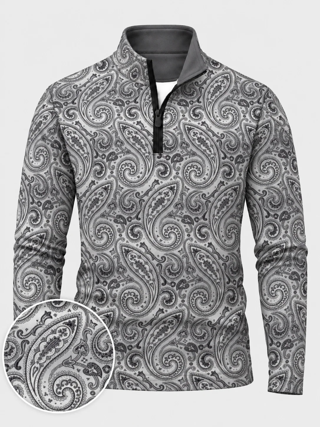 Grauer Performance-Pullover mit Viertelreißverschluss und Paisley-Muster