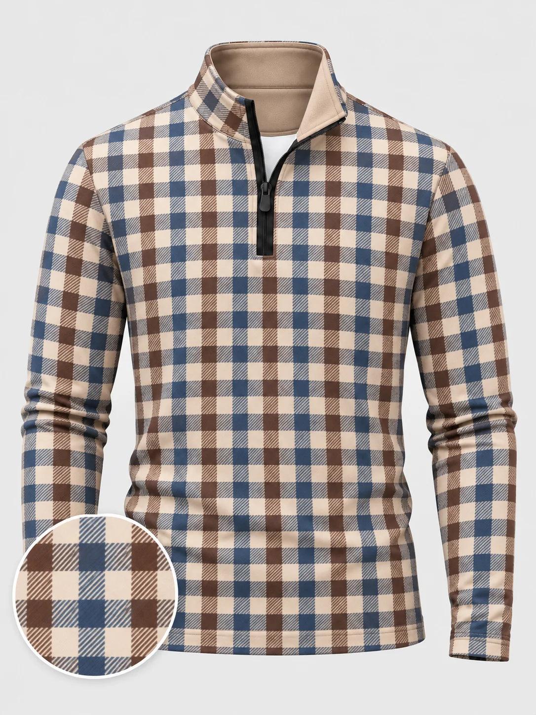 Golf-Pullover in Creme mit mehrfarbigem Karomuster und kurzem Reißverschluss