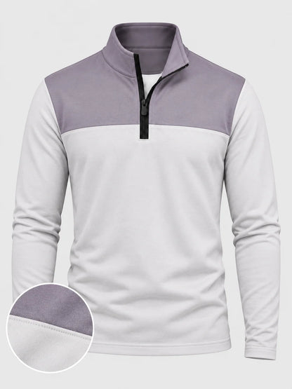 Mauvefarbener Golf-Pullover mit Colorblock-Design und kurzem Reißverschluss