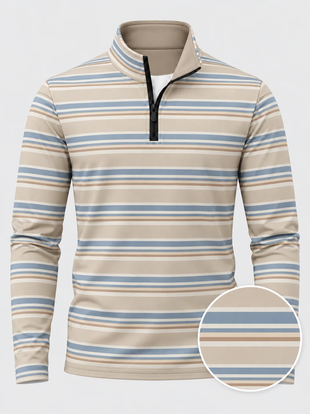 Golfpullover in Sandbeige mit mehrfarbigem Streifenmuster und Viertelreißverschluss