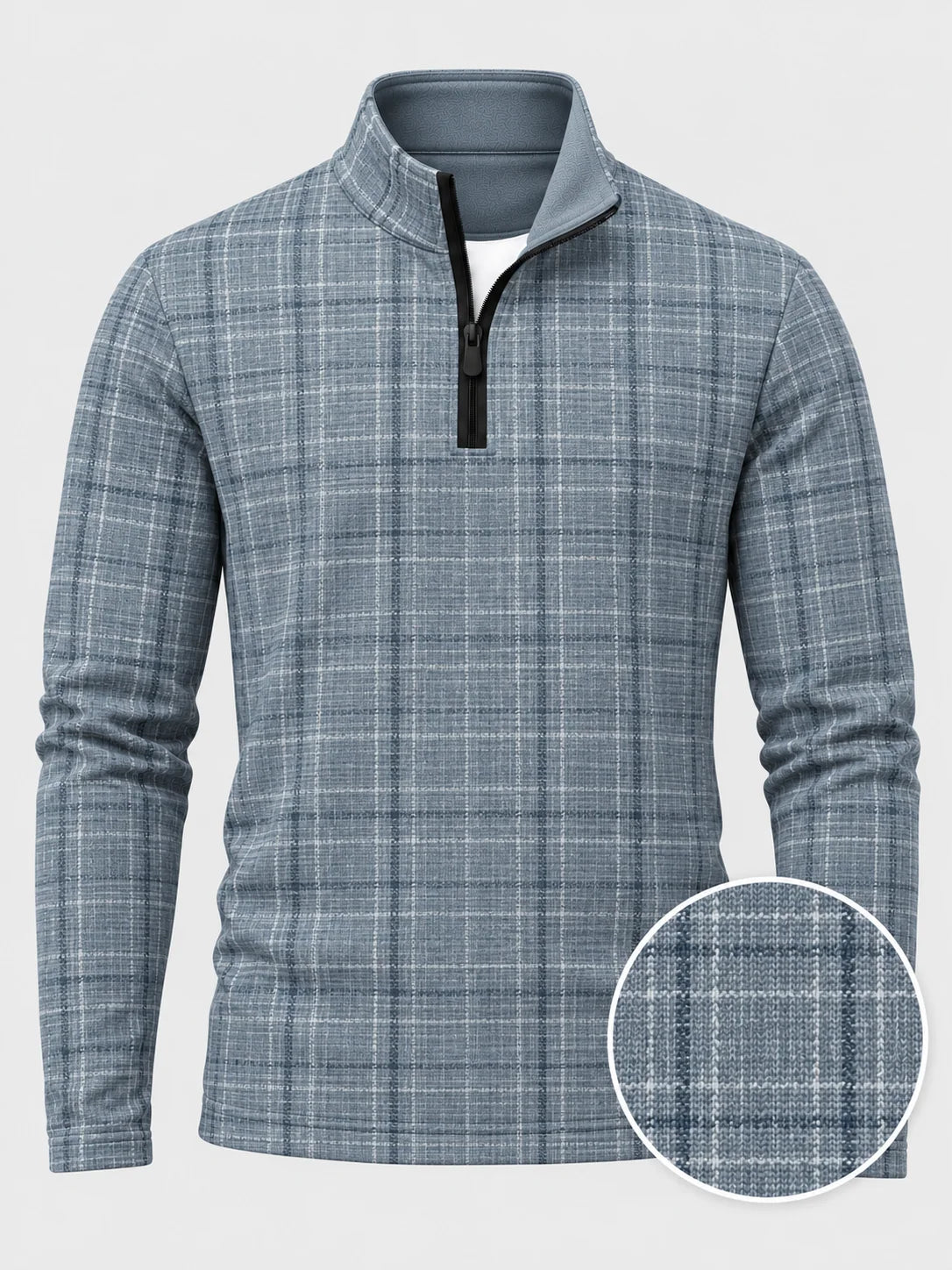 Golf-Pullover aus Funktionsmaterial in Staubblau mit gekreuztem Karomuster und Viertelreißverschluss