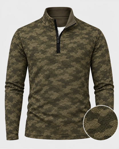 Olivgrüner Golfpullover mit Camouflage-Muster, Funktionsmaterial und Viertelreißverschluss