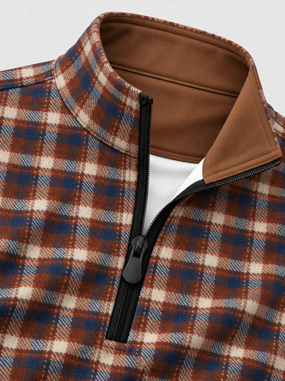 Golf-Pullover mit Viertelreißverschluss und Karomuster in Rostrot