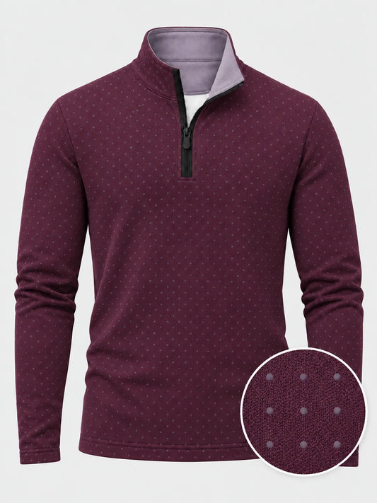 Golfpullover mit Mikro-Punktmuster in dunklem Pflaumenlila, Funktionsmaterial und Viertelreißverschluss