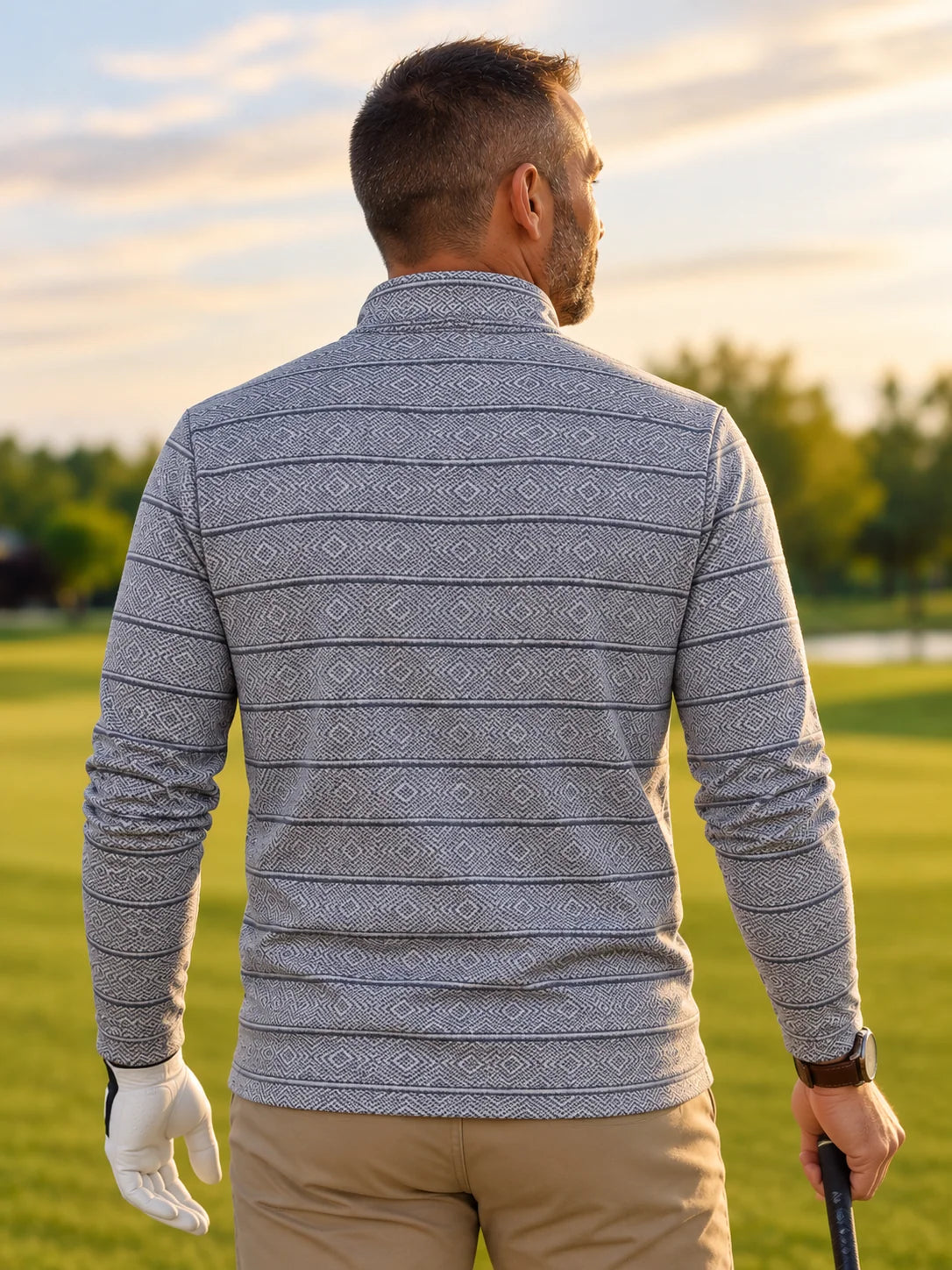 Performance-Pullover mit Viertelreißverschluss und blauem Rautenstreifenmuster