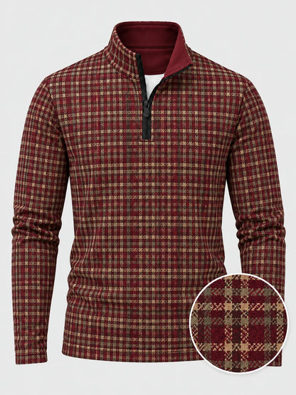 Burgunderroter Golf-Pullover mit Viertelreißverschluss und goldfarbenem Karomuster