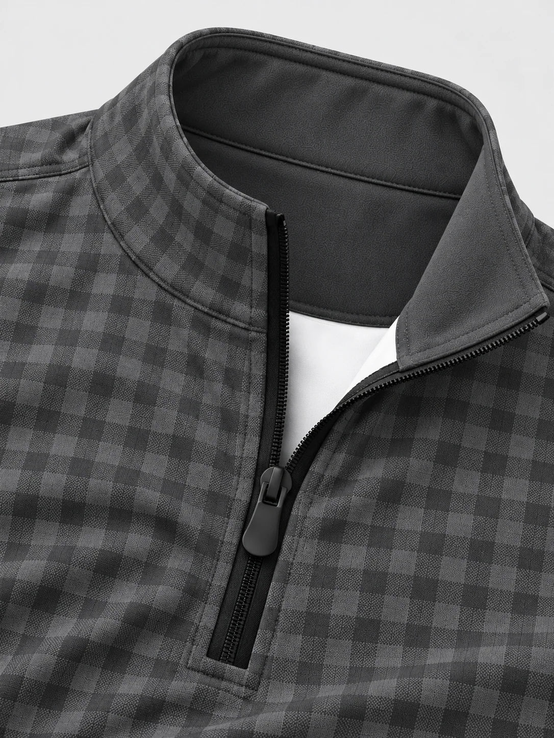 Golf-Pullover aus Funktionsmaterial in Anthrazitgrau mit Vichy-Karomuster und Viertelreißverschluss