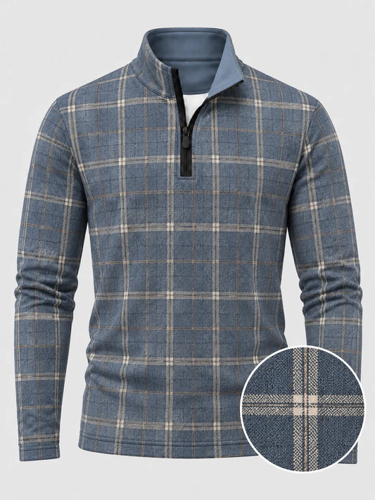 Golf-Pullover mit Viertelreißverschluss und Karomuster in Schieferblau