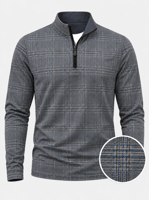 Blau-grauer Golfpullover aus Funktionsmaterial mit Karomuster und kurzem Reißverschluss