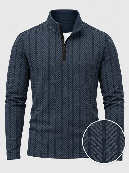 Golfpullover mit Fischgrätmuster in Marineblau, Funktionsmaterial und Viertelreißverschluss