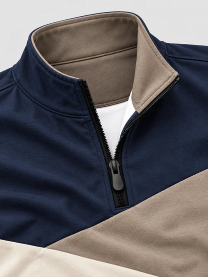 Golfpullover mit Viertelreißverschluss und Colorblock-Design in Marineblau und Taupe, aus Funktionsmaterial