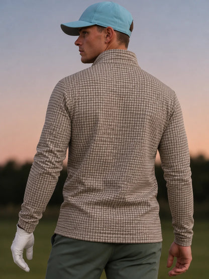 Klassischer Golfpullover für Herren in Taupe mit Hahnentrittmuster und Viertelreißverschluss
