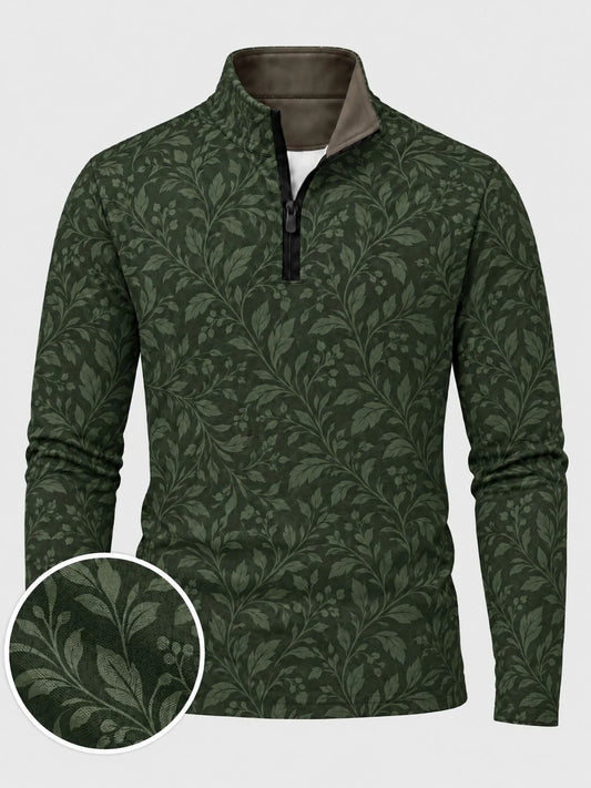 Golfpullover mit botanischem Muster in Dunkelwaldgrün, Funktionsmaterial und Viertelreißverschluss