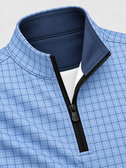 Golfpullover in Kornblumenblau mit Tattersall-Karomuster und Viertelreißverschluss
