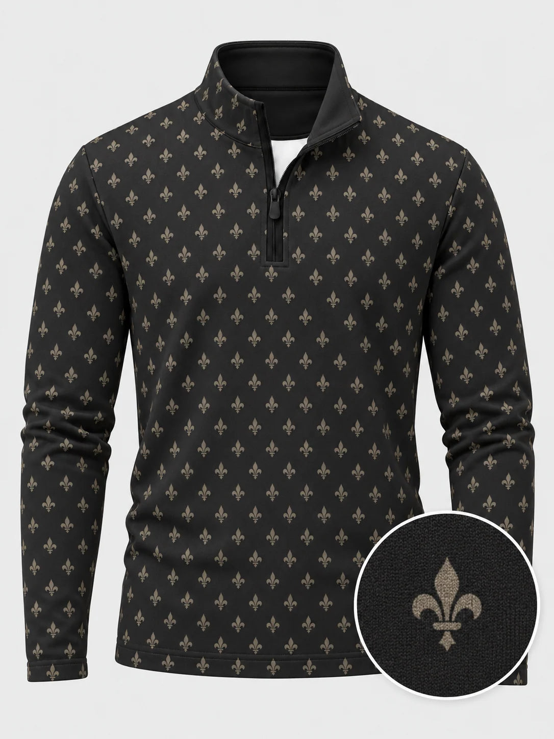 Golfpullover mit Lilienornament-Muster in Obsidianschwarz, Funktionsmaterial und Viertelreißverschluss
