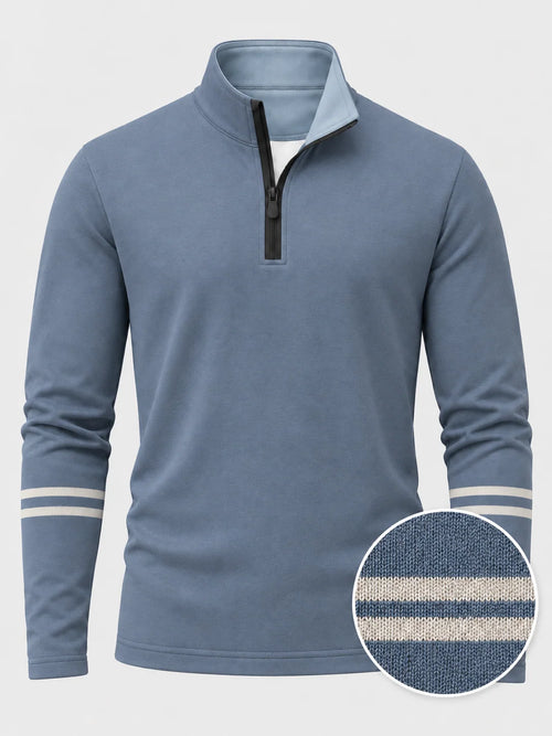 Performance-Golfpullover in verwaschenem Blau mit doppeltem Streifenmuster und Viertelreißverschluss