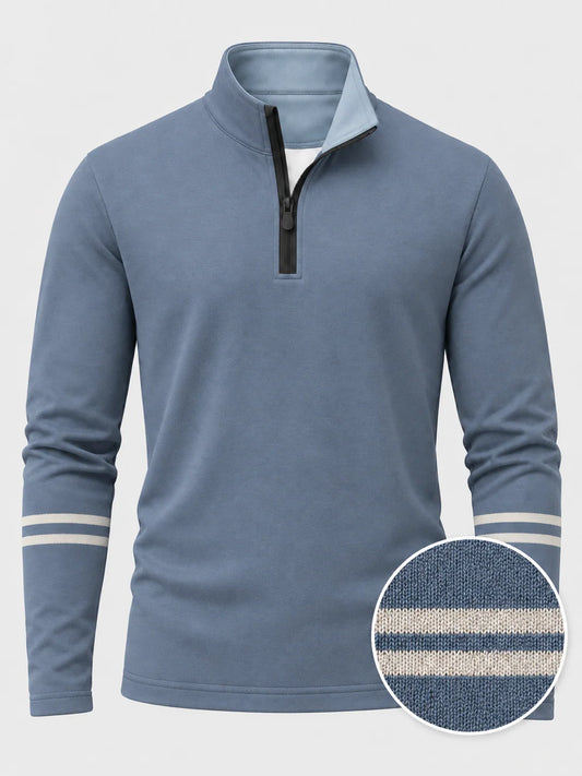 Performance-Golfpullover in verwaschenem Blau mit doppeltem Streifenmuster und Viertelreißverschluss