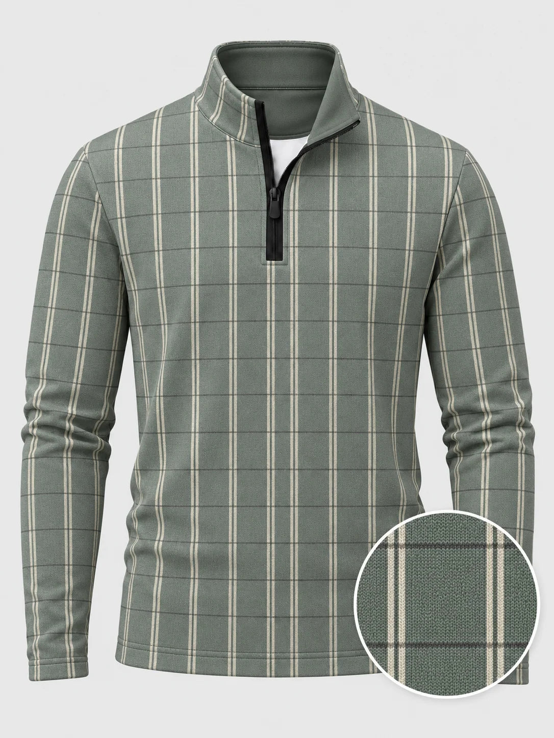 Golf-Pullover aus Funktionsmaterial in Salbeigrün mit Fensterkaromuster und Viertelreißverschluss