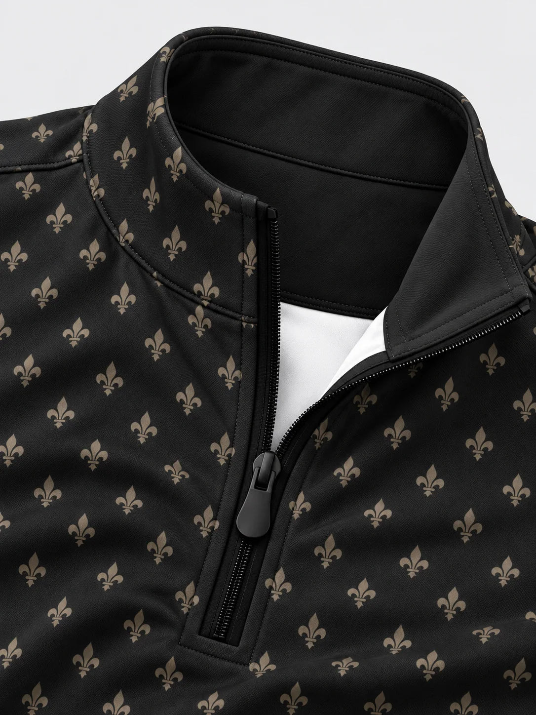 Golfpullover mit Lilienornament-Muster in Obsidianschwarz, Funktionsmaterial und Viertelreißverschluss