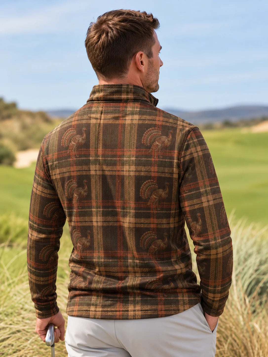 Vintage-Golfpullover mit Thanksgiving-Truthahn- und Karomuster, Funktionsmaterial und Viertelreißverschluss