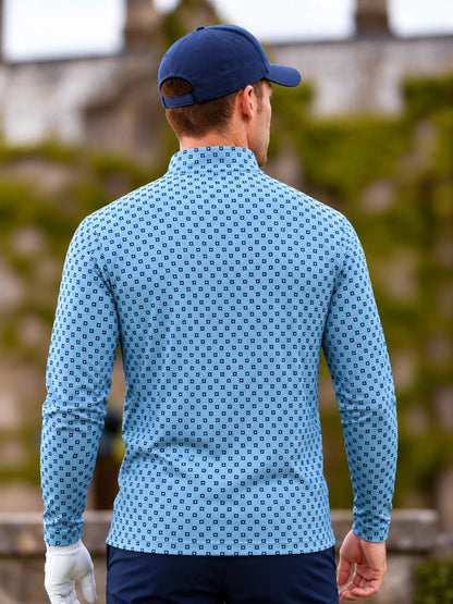 Performance-Golfpullover in Himmelblau mit Blumenmuster und Viertelreißverschluss