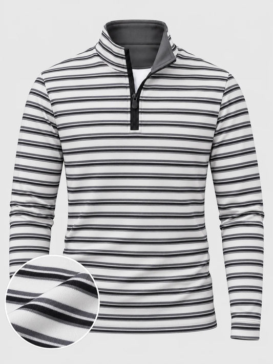 Golfpullover in Weiß und Anthrazit mit Streifenmuster und Viertelreißverschluss
