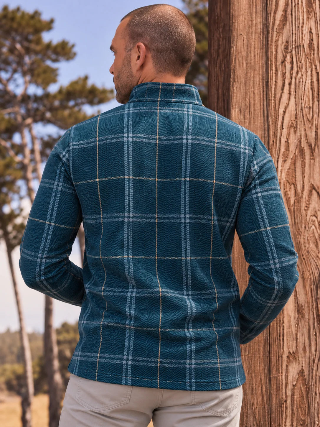 Golf-Pullover mit Viertelreißverschluss und Fischgrätmuster in tiefem Petrolgrün