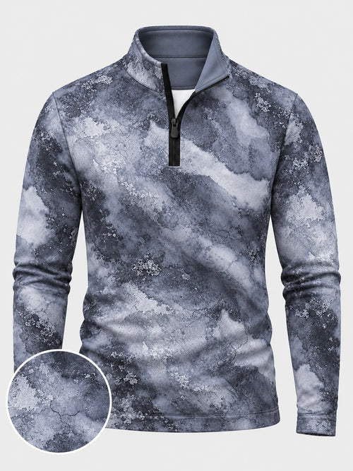Performance-Pullover in Schieferblau mit Marmormuster und kurzem Reißverschluss
