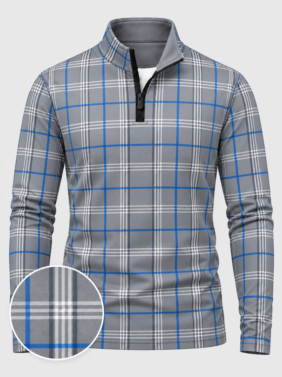 Golf-Pullover in Grau und Kobaltblau mit Karomuster und kurzem Reißverschluss