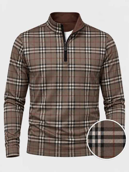 Golf-Pullover mit Karomuster in Taupe, Anthrazit und Rostbraun und Viertelreißverschluss