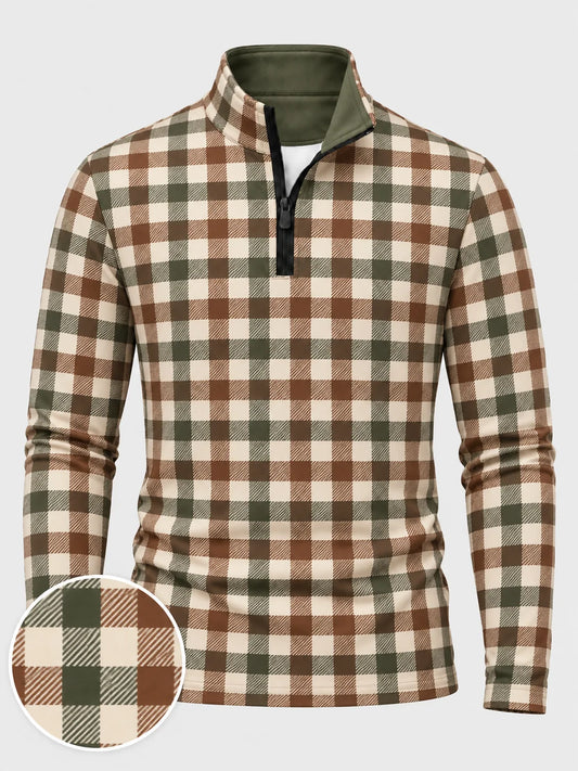 Golf-Pullover in Olivgrün und Braun mit Karomuster und kurzem Reißverschluss
