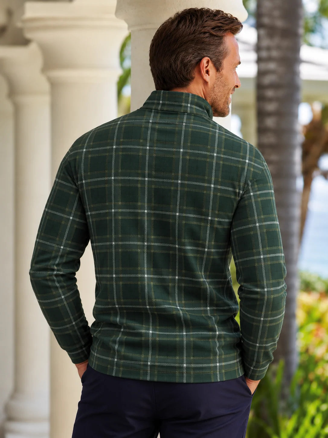 Golf-Pullover aus Funktionsmaterial in Immergrün mit Fensterkaromuster und Viertelreißverschluss