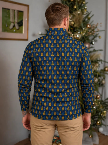 Golfpullover in Marineblau mit weihnachtlichem Tannenbaummuster und Viertelreißverschluss