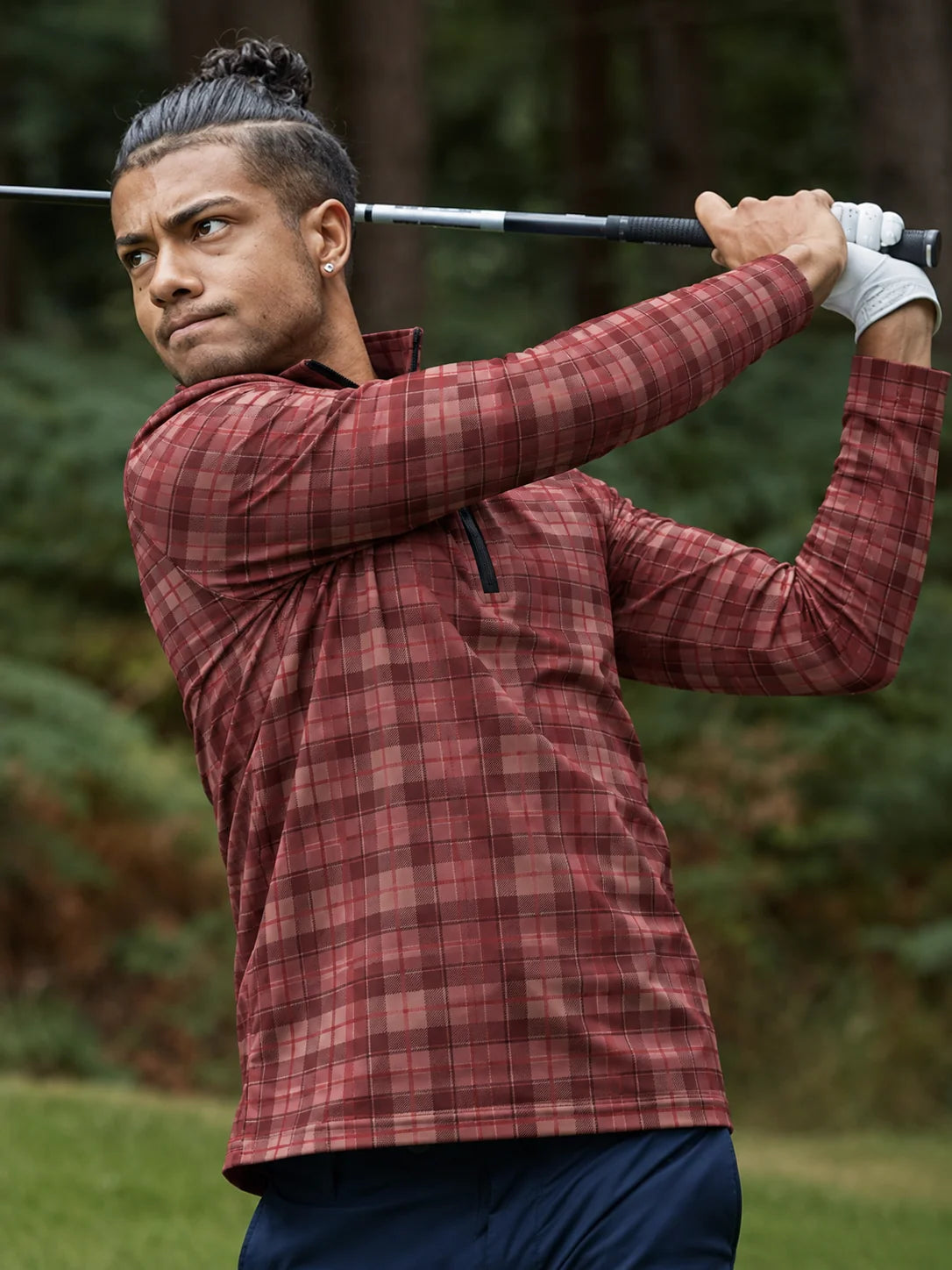 Bordeauxroter Performance-Quarter-Zip-Pullover mit klassischem Heritage-Karomuster