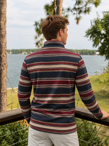 Golfpullover mit Viertelreißverschluss und Streifenmuster in Marineblau, Burgunderrot und Creme, aus Funktionsmaterial