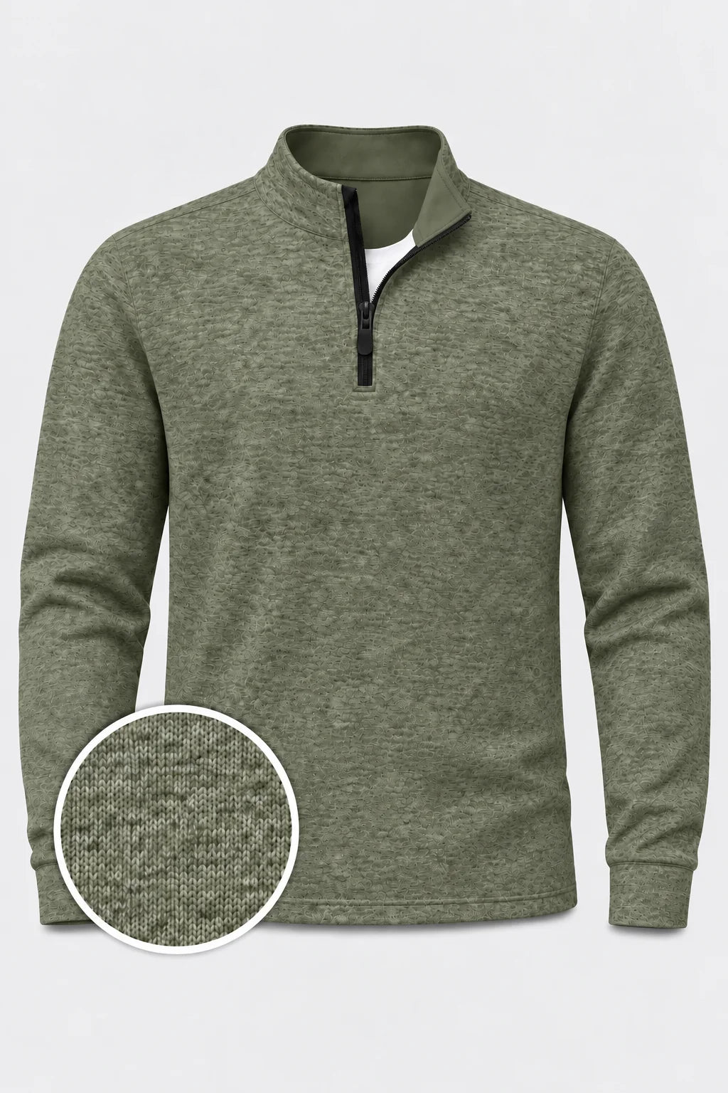 Salbeigrüner Golf-Pullover aus meliertem Strick mit Viertelreißverschluss