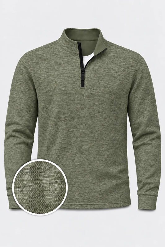 Salbeigrüner Golf-Pullover aus meliertem Strick mit Viertelreißverschluss