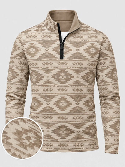 Golf-Pullover aus Funktionsmaterial in Sandbeige mit geometrischem Southwestern-Muster und Viertelreißverschluss