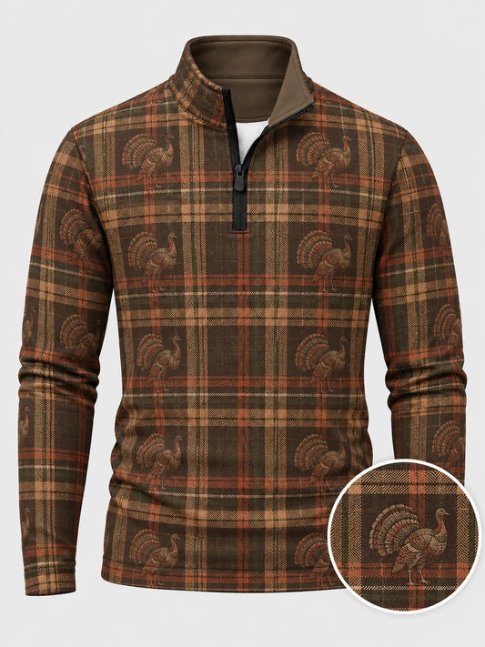 Vintage-Golfpullover mit Thanksgiving-Truthahn- und Karomuster, Funktionsmaterial und Viertelreißverschluss