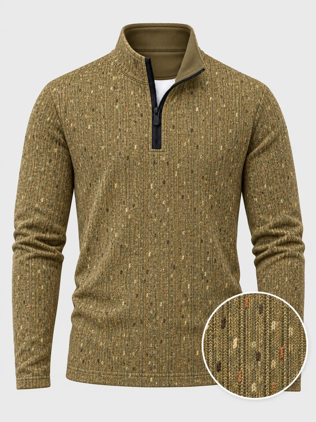 Golf-Pullover mit Viertelreißverschluss und Donegal-Tweed-Muster in Olivgrün und Gold