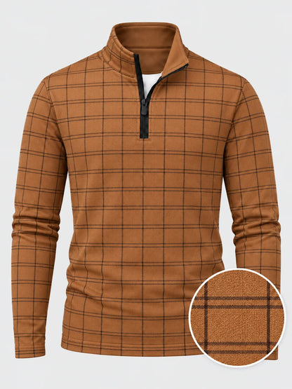 Golf-Pullover aus Funktionsmaterial in Rostorange mit Fensterkaromuster und Viertelreißverschluss