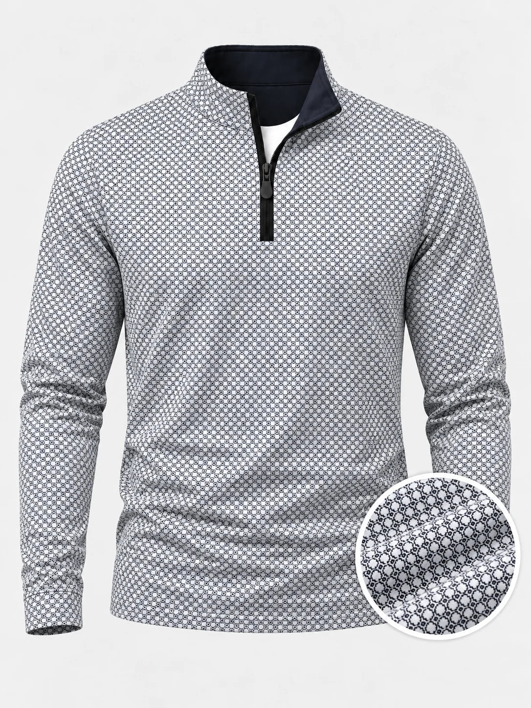 Performance-Golfpullover mit schwarz-weißem geometrischem Muster und Viertelreißverschluss