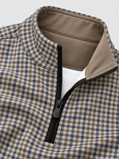 Golf-Pullover aus Funktionsmaterial in Marineblau und Taupe mit feinem Mikrokaromuster und Viertelreißverschluss