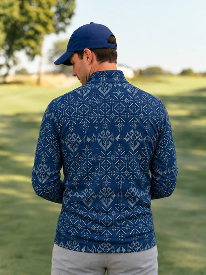 Dunkelblauer Performance-Pullover mit geometrischem Muster und kurzem Reißverschluss