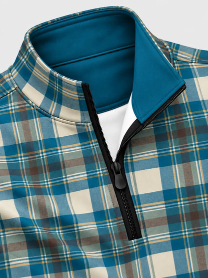 Golfpullover in Petrol und Creme mit Tartanmuster und Viertelreißverschluss