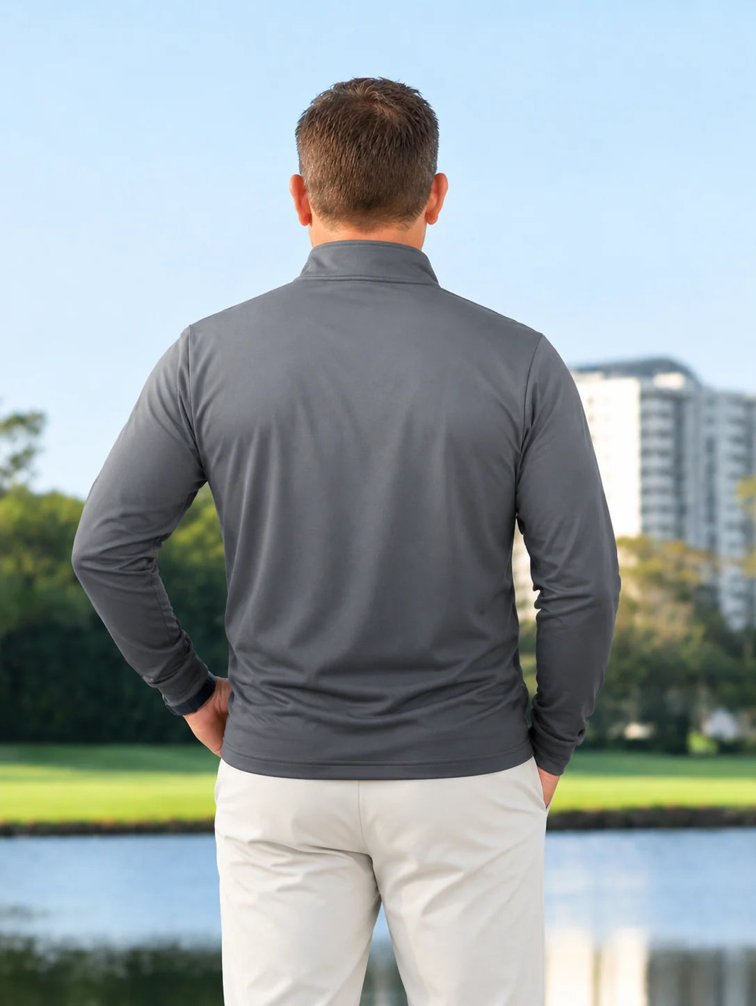 Schiefergrauer Golf-Pullover mit Melange-Ombré-Effekt und Viertelreißverschluss