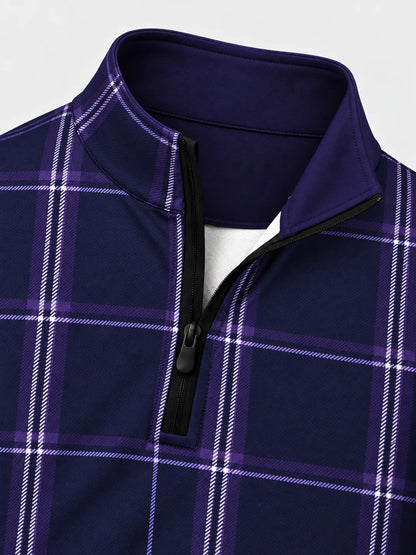 Marineblauer Golf-Pullover mit lavendelfarbenem Fensterkaro und Viertelreißverschluss aus Funktionsmaterial